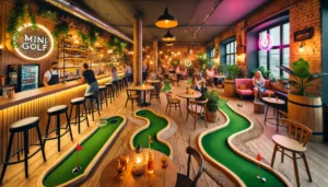 DALL·E 2024 12 10 10.40.10   A Cozy And Lively Bar Featuring A Unique Mini Golf Course Integrated Into The Space. The Bar Has Warm Ambient Lighting, With Small Putting Greens Wind